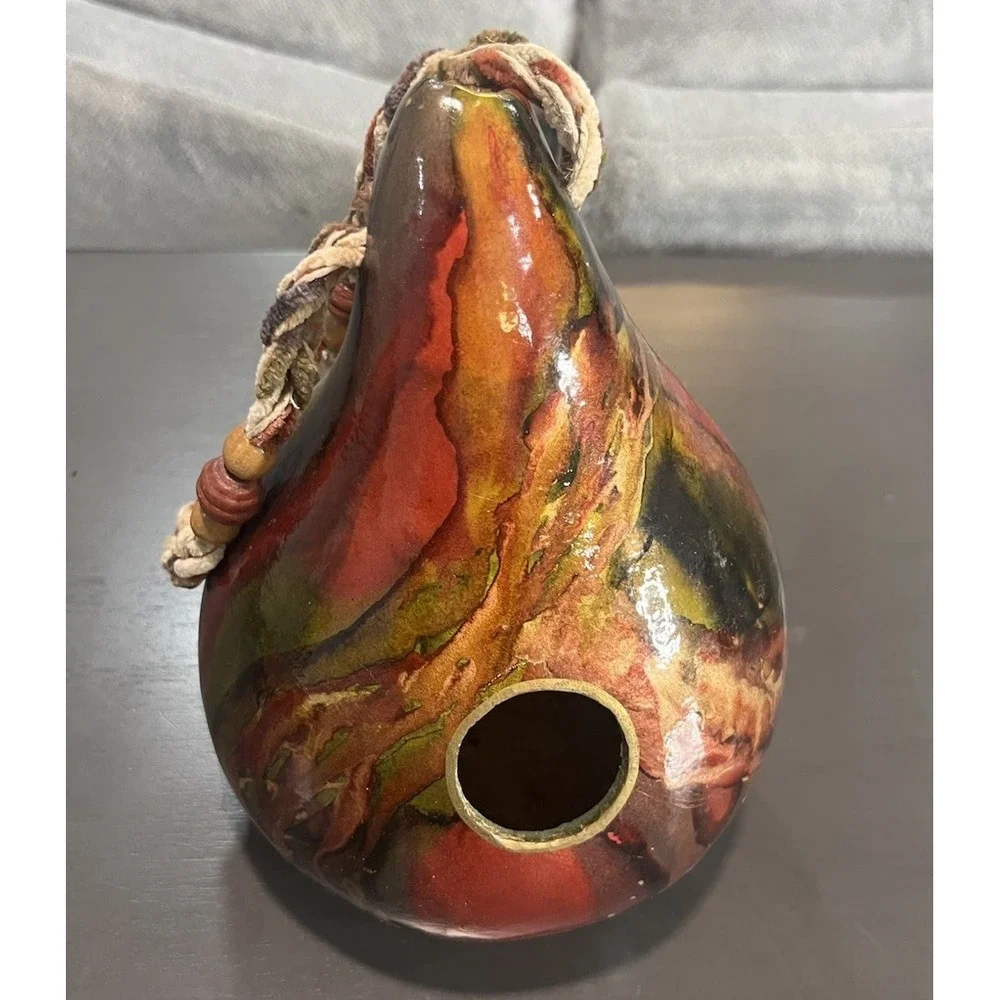 Handpainted Gourd Birdhouse Hanging Decor Earth Tones